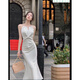 Con el estilo puro y retro de la falda de cola de satén para mujeres, vestido de fiesta de cumpleaños de halter francés nuevo estilo francés 9718 Off White M