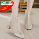 CARTELO 2024 new fashion mid-high heel mesh sandals hollow mesh boots versatile thick heel sandals for women summer breathable short boots off white 36