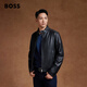BOSS Motorcycle Style Sheepskin BOSS Men's Autumn 2024 New Stand Collar Double Zipper Retro Style Leather Jacket 001-Black 48