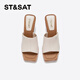 St&Sat Saturday fish mouth thick heel slippers for women summer fashion outer wear new high heel one-line sandals SSC2110325 beige 35 225mm