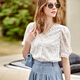 Olrain Autumn and Summer French Lace Shirt V-neck Puff Sleeve Cardigan Western Style Loose Top White S 155/80A
