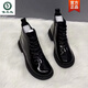 Woodpecker genuine leather thick heel short boots for women 2025 winter fashion patent leather lace-up Martin boots for women warm snow boots for women black plus velvet 36