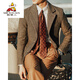 Scarecrow Casual Wollanzug Herren großer Retro-Fischknochenmuster Fischgröße Wollmantel Schlanker langärmeliger Gentleman-Anzug brauner Plaid 4xl (220jin [Jin entspricht ca. 0,5 kg])
