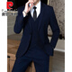皮尔卡丹（pierre cardin）男士西服套装韩版商务职业正装伴郎修身毕业礼服结婚西装三件套男 两扣黑色【西服+裤子+衬衫】腰带 M