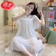 LangSha Palace Style Princess Night Dress Summer Thin Sweet Modal Pajamas Lace Lace Mesh Ice Silk Home Suit Summer W7371 XL [Recommended 120-140Jin [Jin equals 0.5 kg] Wear]