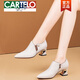 卡帝乐鳄鱼（CARTELO）新款春秋季深口单鞋女粗跟小皮鞋尖头中跟真皮甜美短靴 杏色 38