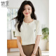 Ella disfruta de una camiseta de manga corta para mujeres, cuello redondo, top bordado informal y versátil para mujeres, camiseta, camisa de base de manga corta T143T1390