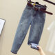 Jeans de Fanqu para pantalones de nueve puntos para mujeres para pantalones de zanahoria desgarrados de verano tubos de humo suelto retro con patas rectas de patas rectas azul 826 L Recomendado 110-120Jin [Jin equivale a 0,5 kg]