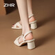 Sandales zhr pour les femmes en été élégantes talons épais à une bande pour les chaussures pour femmes talons hauts de couleur unie douce pour les femmes y683 beige 35