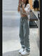 Langwei Feray light blue splashing jeans for women new American retro high waist loose straight pencil pants/small feet 13555 light blue S