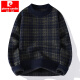 Pier Cardin 2025 winter thickened plaid sweater men's trendy brand round neck loose knit sweater men's pullover trendy jacquard thread Coffee 3XL