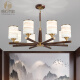 Copper Heart Woody New Chinese Chandelier LED Simple Living Room Light Atmospheric Black Walnut Solid Wood Restaurant Bedroom Light Hotel Villa Chandelier J9716-10+5 Head [with three-color light bulb]