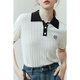 
Fan Silan 23FS12003 Contrast color embroidery knitted POLO collar commuting simple fashion knitted short-sleeved women blue apricot XS
