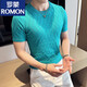 罗蒙（ROMON）夏季冰丝黑色男士高端短袖t恤男镂空针织圆领修身新款透气T恤薄款 9766粉色 (菱形格款) M