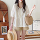 Ranqi's maternity suit summer suit new sweet V-neck lantern sleeve doll shirt top wearing casual shorts two-piece set apricot top + khaki belly shorts (suit) L