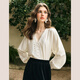 Olrain Elegant V-neck Long Sleeve Shirt Women's Autumn Lazy Style Spliced Lace Top Laurel Apricot XL