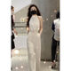 Xi Xuchen Street Internet celebrity style jumpsuit for women 2022 summer design neckband off-shoulder high-waist slimming jumpsuit trendy off-white [belt] M [recommended 95-105Jin [Jin equals 0.5 kg]]