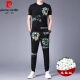 皮尔卡丹（pierre cardin）运动休闲套装男夏季薄款桑蚕冰丝印花短袖韩版痞帅潮流个性痞帅风 9227黑色 165/M