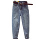 Jeans de Fanqu para pantalones de nueve puntos para mujeres para pantalones de zanahoria desgarrados de verano tubos de humo suelto retro con patas rectas de patas rectas azul 826 L Recomendado 110-120Jin [Jin equivale a 0,5 kg]