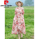 
Pierre cardin retro ethnic style women's long skirt summer age-reducing mother m mother's outfit lace-up waist slimming cotton linen dress floral dress 683 pink 2XL