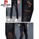 
Pier Cardin printed versatile embroidered jeans men's pattern personalized hot diamond trendy embroidery fashion brand Korean slim pants A689 black 31