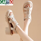 CARTELO thick-soled genuine leather sandals for women, cowhide thick heel soft-soled sponge shoes, Roman knitted women's shoes 2025 new summer 9905 meters white [simple one-line upper] 37