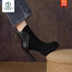 Woodpecker retro waterproof platform thick heel short boots for women 2025 autumn and winter new style genuine leather round toe thick sole high heels suede fashion boots black upgraded version 38