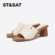St&Sat Saturday fish mouth thick heel slippers for women summer fashion outer wear new high heel one-line sandals SSC2110325 beige 35 225mm