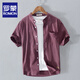 
Romon pure cotton striped short-sleeved shirt men's stand collar white loose breathable short-sleeved casual inch shirt round neck Japanese trendy YY9721 sky blue lapel L