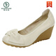 Woodpecker Spring and Autumn Genuine leather cow tendon bottom wedge women's shoes High heels flowers Light mouth sweet women's single shoes Work shoes Mom's shoes Beige [heel 7cm 39