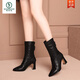 啄木鸟真皮尖头跟中筒靴2025秋冬新款女鞋后拉链加绒高跟马丁靴女 黑色加绒 37