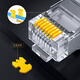 Diez mil grado (OFNPFTTH) Super de seis clases Cabezal de cristal RJ45 Agujero de alambre extra grande Tipo de división de dos piezas con cubierta protectora Cat.6A Cabeza de cristal con placas doradas 6 paquete WJ-15262