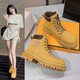 Planaling Martin Boots Chaussures pour femmes en cuir grosses bottes jaunes épaisses Sole Toe rond Talon épais Top haut à lacets Casual Versatile Fashion Classic Style Geuthe Super Cuir gros Bottes jaunes 6 trous 36