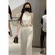 Xi Xuchen Street Internet celebrity style jumpsuit for women 2022 summer design neckband off-shoulder high-waist slimming jumpsuit trendy off-white [belt] M [recommended 95-105Jin [Jin equals 0.5 kg]]
