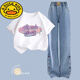 G.Duckkids Little Yellow Duck Girl Summer Anzug 2024 Neue Mid-to-Large-Kinder modische koreanische Version Sommeranzug Kinder Mädchen Casual Short 13068 Blau + 9981 Weiß [Kurzärärmeljeans 150 cm (150 cm)