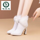 Woodpecker real fur shoes white soft leather slim high heel short boots for women autumn and winter new style plus velvet temperament pointed toe thick heel ankle boots white 7 cm 37