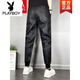 Playboy (PLAYBOY) Men's autumn and winter plus velvet thickened casual foot pants elastic tying feet windproof waterproof motorcycle leather black tying feet plus velvet 35