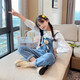 Jianzifeifei (Jianzifeifei) girls' pants loose denim overalls spring and autumn autumn clothing for middle-aged and older children new trendy casual trousers blue - bear overalls trousers size 160 recommended height around 145-155 cm