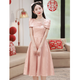 SAIDELE evening dress for women, high-end pink petite French niche engagement dress, bridesmaid dress, can be worn daily to graduation, bean paste powder XL (recommended 116-125 Jin Jin equals 0.5 kg)