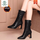 啄木鸟真皮尖头跟中筒靴2025秋冬新款女鞋后拉链加绒高跟马丁靴女 黑色加绒 37