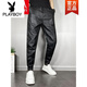 Playboy (PLAYBOY) Men's autumn and winter plus velvet thickened casual foot pants elastic tying feet windproof waterproof motorcycle leather black tying feet plus velvet 35