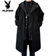 Playboy trench coat men's mid-length trendy loose summer thin Korean style fake two-piece hooded woolen coat black 2XL