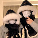 Meman Bear Hat Scarf for Women Christmas Antlers Autumn and Winter Women Warm Scarf for Women Hooded Hat Cute Plush Scarf White Bear Hat Three-piece Set