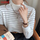 Ancient and modern (GUJIN) striped half turtleneck plus velvet knitted bottoming shirt for women autumn and winter one-piece velvet inner layered thick sweater warm top apricot
