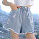 Schwein Pitt (Schwein/Peter) Mädchen Shorts Sommer Dünner Mädchen Sommeranzug 2025 neue Kinderhosen Sommermädchen große Kinder gerissene Jeans 1428 Blau + 1429 Weiß 160 cm