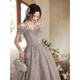Vestido de noche de Minghuitong para mujeres 2024 Nuevo regalo de cumpleaños Temperamento elegante Banquete que anfla los exámenes de arte de los estudiantes se pueden usar normalmente 1694 gris xl