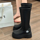 Feiyao Black Long Tube Martin Boots Женские весенние и осенние рыцарские кожаные ботинки высокие каблуки Толстая подошва средняя труба Британский ветровой мотоцикл 36 Эластичные скидные ботинки высота 7 см 7 см.