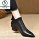 Woodpecker 4.5cm Genuine Leather Pointed Toe Thick Heel Short Boots for Women Comfortable Soft Sheepskin 2025 Autumn Ankle Boots Short Ankle Boots Khaki 37