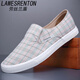 Lawesrenton Herrenschuhe Sommer atmungsaktiven Ein-Fuß-Plaidschuhen Herren Top Trendy Old Peking Canvas Schuhe Lazy Casual Schuhe Khaki Grey Canvas 39
