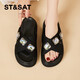 Saturday (St/Sat) mid-heel sandals for women 2024 summer new fish mouth rhinestone sandals fashionable and versatile one-slip flops for women black 35